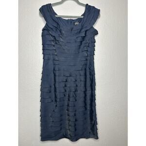 Adrianna Papell Ruffled Shimmer Sheath Dress Navy Blue Cap Sleeves Size 10